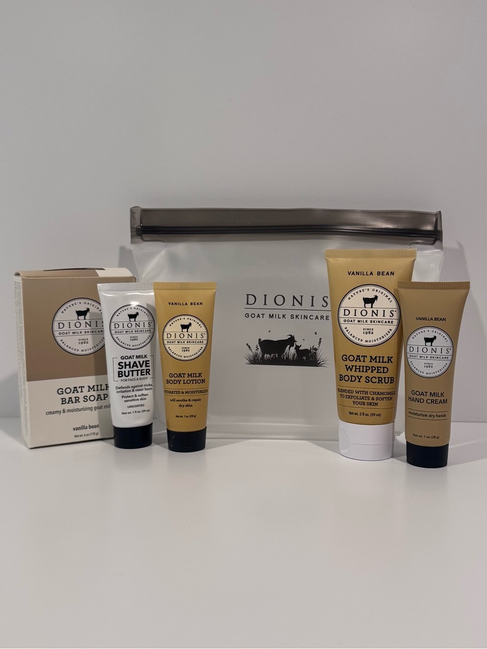 Dionis 6 pc Vanilla Bean Goat Milk Skincare Set including Travel bag